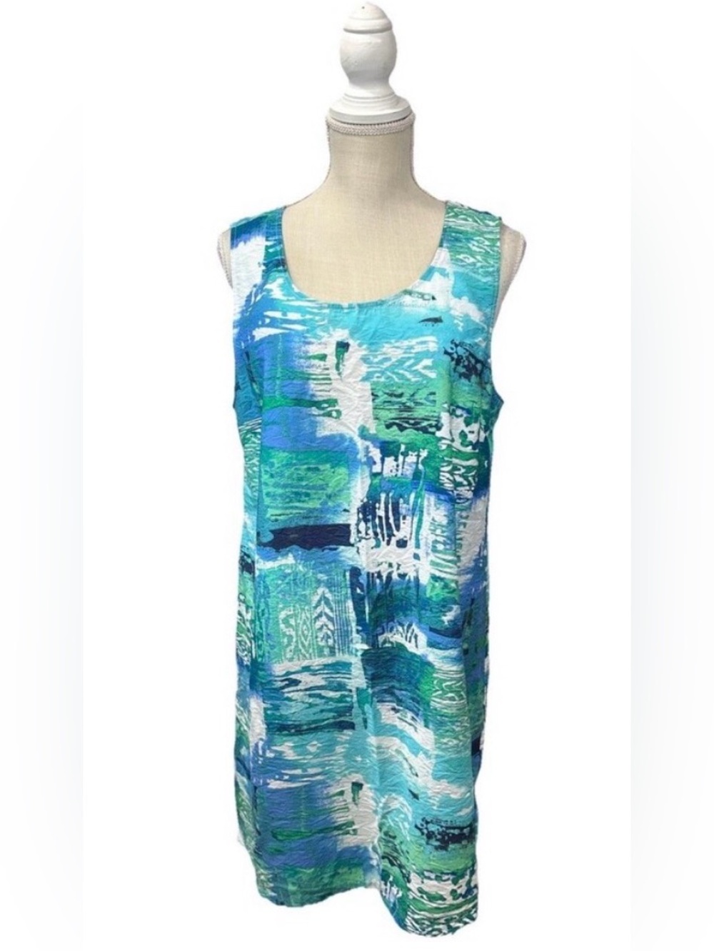 Escape by Habitat Crinkle Travel Dress Large Turquoise Green Abstract Sleeveless